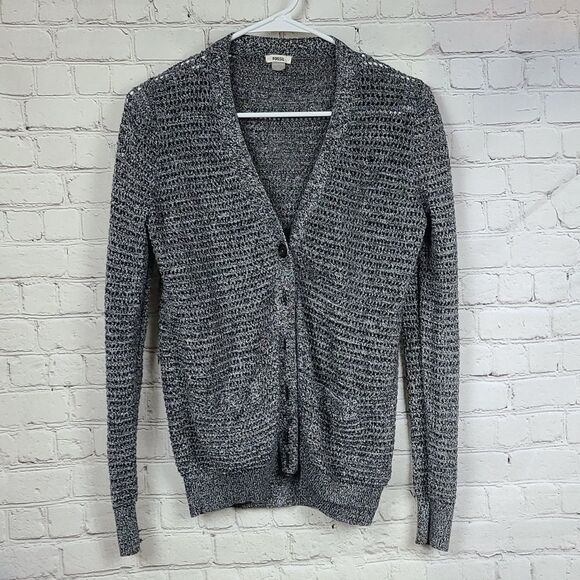 FOSSIL Button Down Oversized Cardigan Sweater Black/White/Gray Open Knit XS - Picture 2 of 9